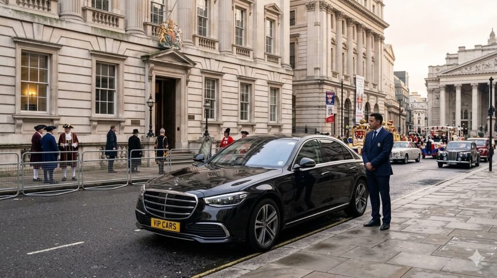 Luxury Mercedes S-Class provided by our Lord Mayor's Show chauffeur London service, parked near Mansion House for the November City of London procession.