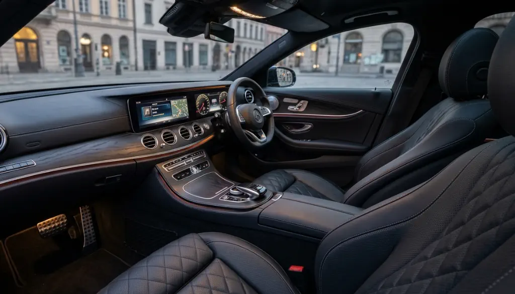 The luxurious right-hand drive interior of a Mercedes E-Class Chauffeur London vehicle featuring premium leather seats.