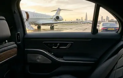 Luxury airport transfer in London using a Mercedes S-Class Chauffeur Service.