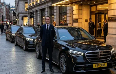 A fleet of Mercedes S-Class Chauffeur Service vehicles parked for a corporate event in London.