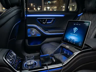 High-speed Wi-Fi and USB charging ports inside a Mercedes S-Class Chauffeur Service vehicle.