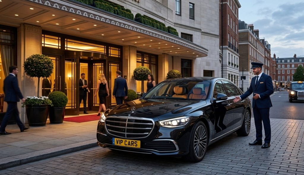 Luxury Mercedes S-Class provided by our Michelin restaurant chauffeur London service, parked outside The Dorchester for an Alain Ducasse dinner reservation.