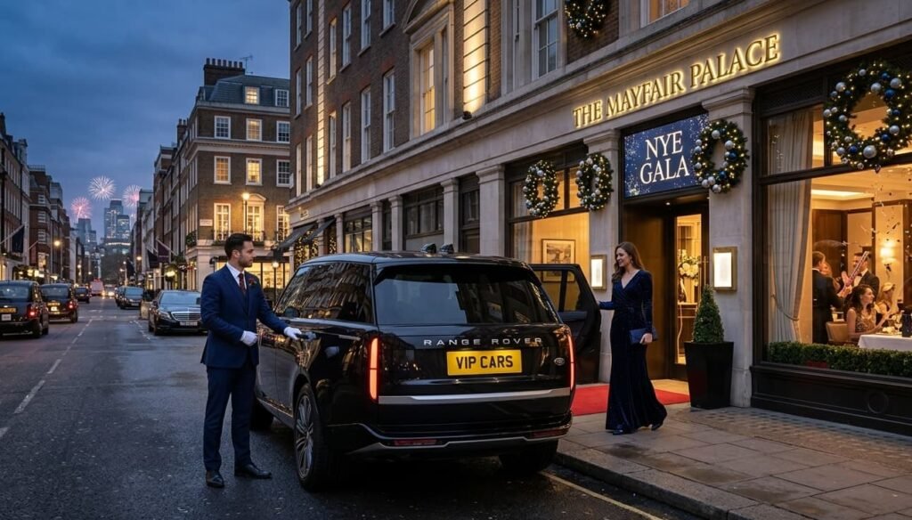 Professional New Year's Eve chauffeur London opening a Range Rover door for a guest arriving at a Mayfair restaurant for an NYE dinner.