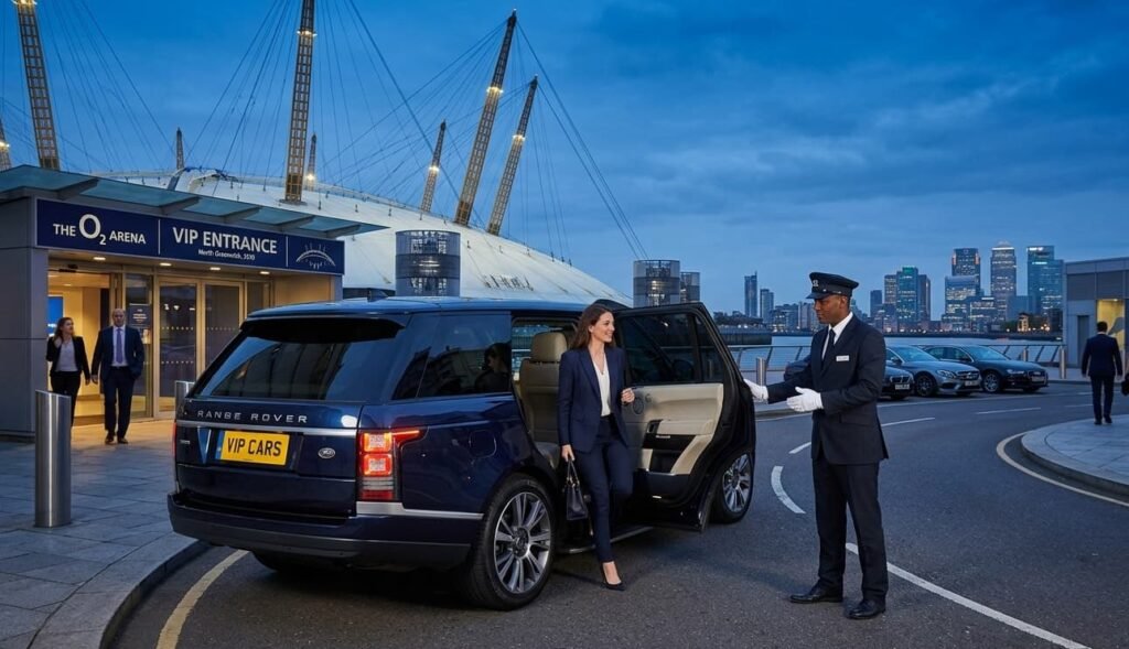Professional O2 Arena chauffeur service London opening a Range Rover door for a guest arriving at the VIP entrance in North Greenwich SE10.