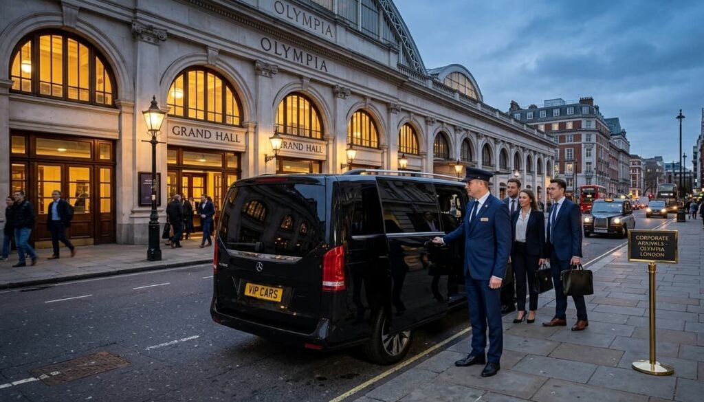 Professional Olympia London chauffeur opening a Mercedes V-Class door for a corporate group arriving at the Grand Hall entrance in W14.