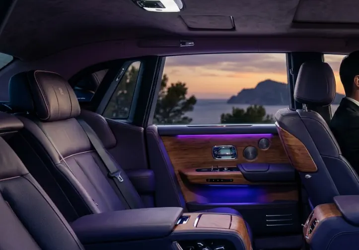 A luxury car interior with ambient wellness lighting and a professional chauffeur at the wheel.
