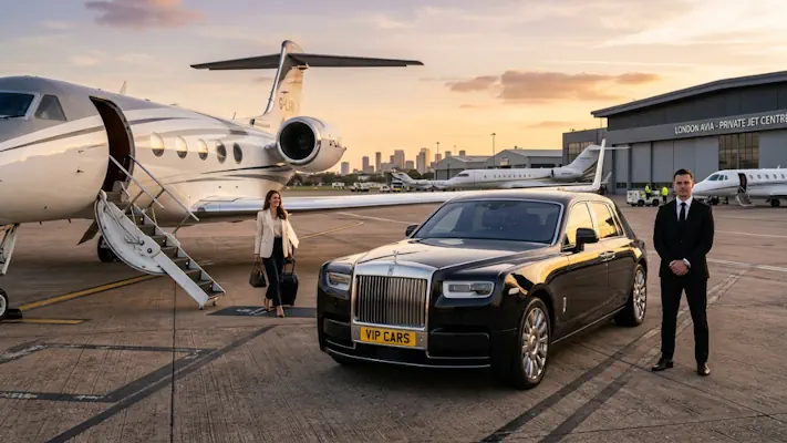 VIPCARS private jet chauffeur service with a Rolls-Royce Phantom on the tarmac.