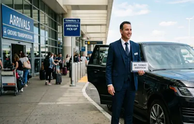 A driver waiting at the airport for a Range Rover chauffeur service booking.