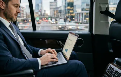 Working comfortably in the back of a Range Rover vehicle.