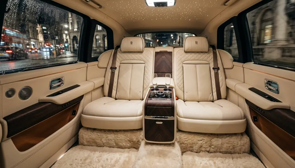 The luxurious and spacious cabin of our Rolls-Royce Cullinan featuring premium leather seats.