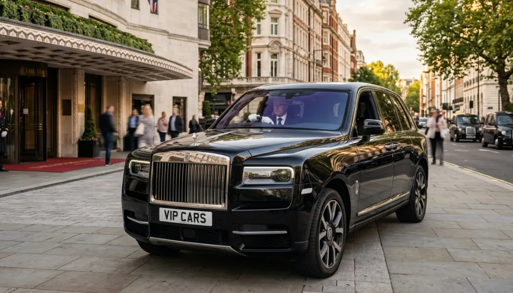Our Rolls-Royce Cullinan waiting for a client in front of a luxury building.