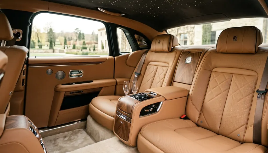 Luxury leather seating and starlight ceiling inside a Rolls-Royce Ghost chauffeur service.
