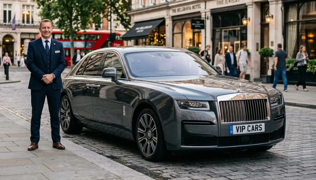 A professional Rolls-Royce Ghost chauffeur service. Chauffeur waiting a guest.