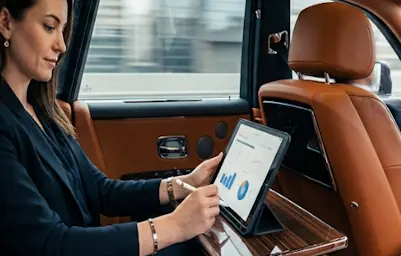 Luxury interior of a Rolls-Royce Phantom used for business travel.
