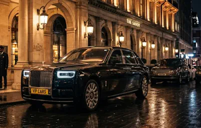 A Rolls-Royce Phantom arriving at a luxury event at night.