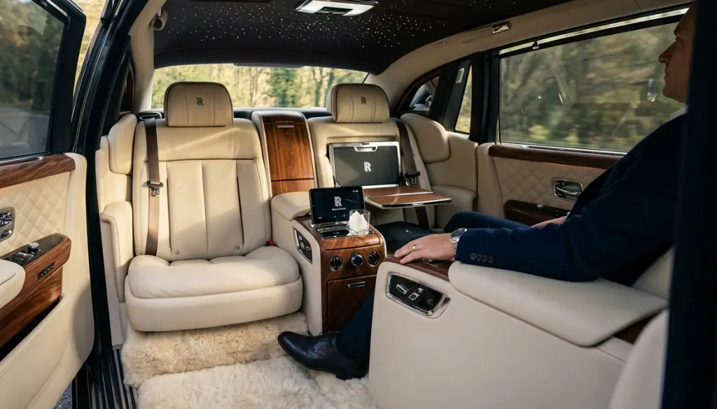 The spacious and quiet rear cabin of a Rolls-Royce Phantom