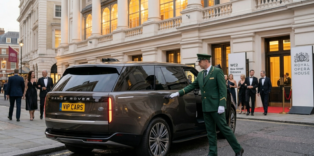 Professional Royal Opera House chauffeur opening a Range Rover door for a black-tie guest arriving at the WC2 Bow Street entrance.