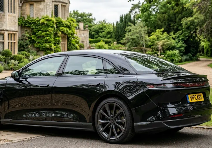 A black electric luxury vehicle representing sustainable transport.