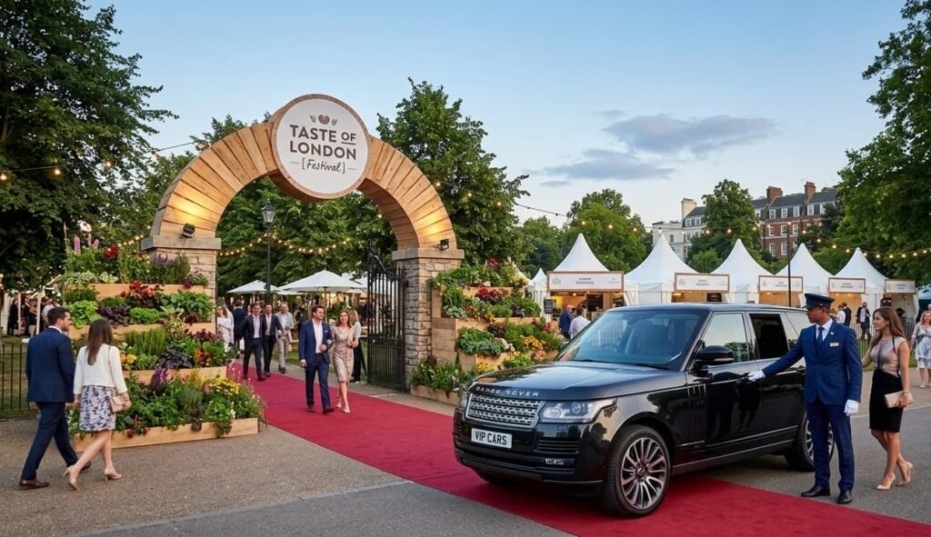 Professional Taste of London chauffeur opening a Range Rover door for a guest arriving at the Regent's Park festival entrance in NW1.