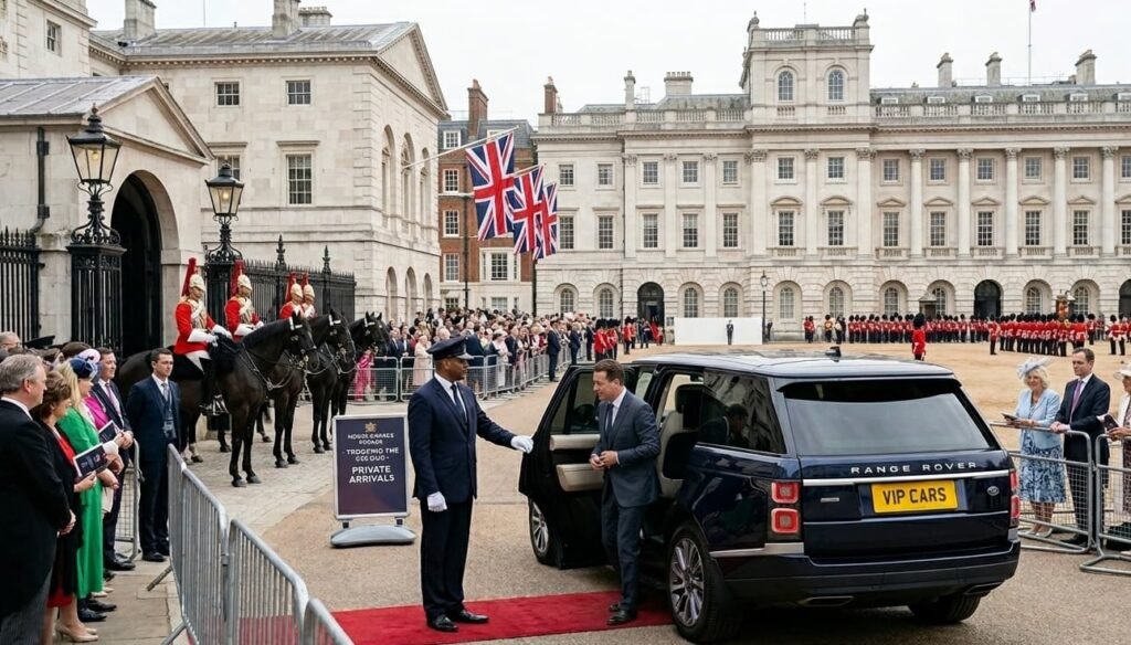 Professional Trooping the Colour chauffeur opening a Range Rover door for a ticketed guest arriving at Horse Guards Parade in SW1 on the second Saturday of June.
