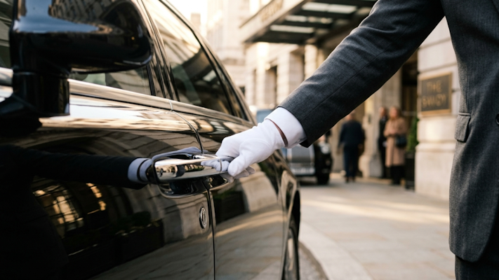 Professional chauffeur in tailored suit opening a luxury car door, representing VIP London service standards and hospitality