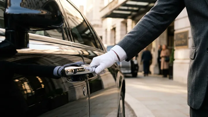 Luxury Mercedes S-Class provided by our Epsom Derby chauffeur service, parked near Epsom Downs Racecourse on Derby Day.