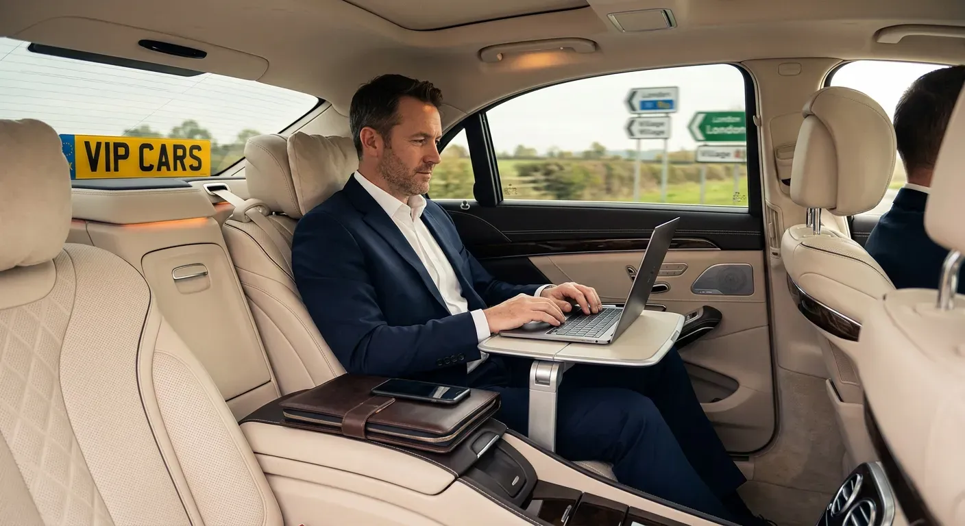 Business executive working on laptop in luxury chauffeur-driven car en route to Farnborough Airport