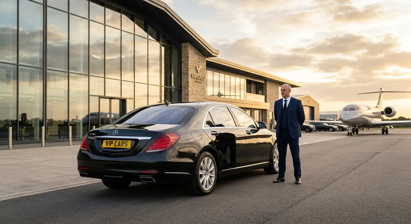 Luxury Mercedes S-Class chauffeur waiting at Farnborough Airport private terminal