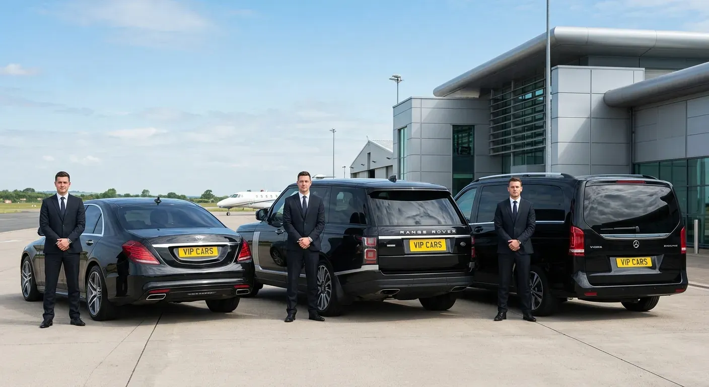 Range of luxury chauffeur vehicles including Mercedes S-Class and Range Rover at Farnborough Airport