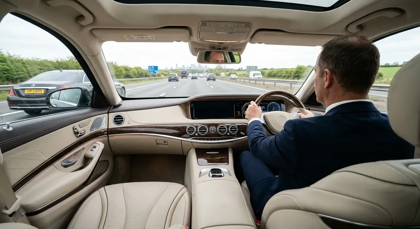 Professional chauffeur driving luxury vehicle on M3 motorway from Farnborough Airport towards London