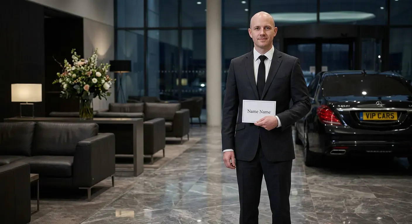 Smartly dressed chauffeur holding name sign at Farnborough Airport TAG Aviation private terminal