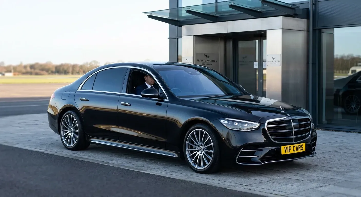 Mercedes S-Class luxury vehicle parked at Farnborough Airport private terminal entrance