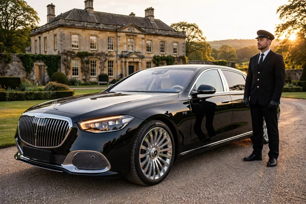 Row of premium chauffeured vehicles in London including a Mercedes S-Class and Range Rover parked in London