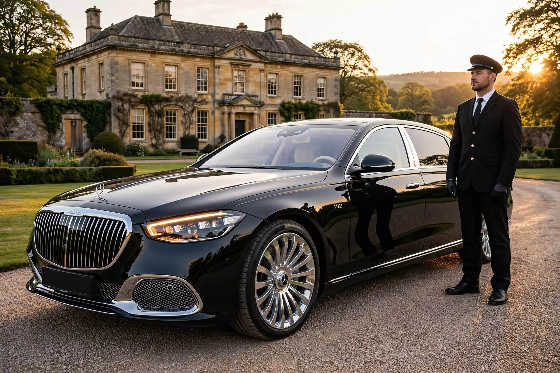 Row of premium chauffeured vehicles in London including a Mercedes S-Class and Range Rover parked in London