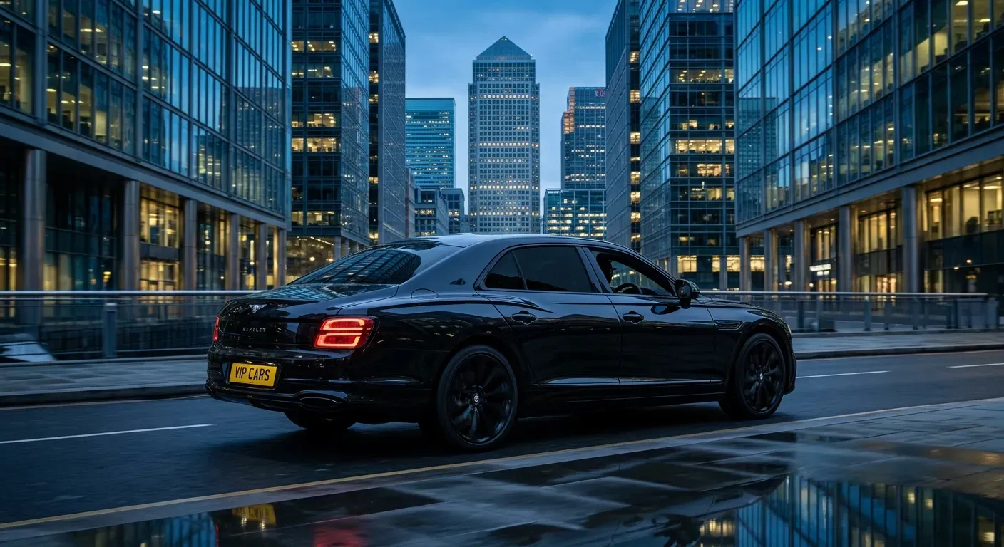 Luxury Car to Airport London: The Executive's Guide to Effortless, First-Class Airport Transfers 2 VIPCARS Chauffeurs Bentley Flying Spur chauffeur car on the streets of Canary Wharf London for an executive airport transfer