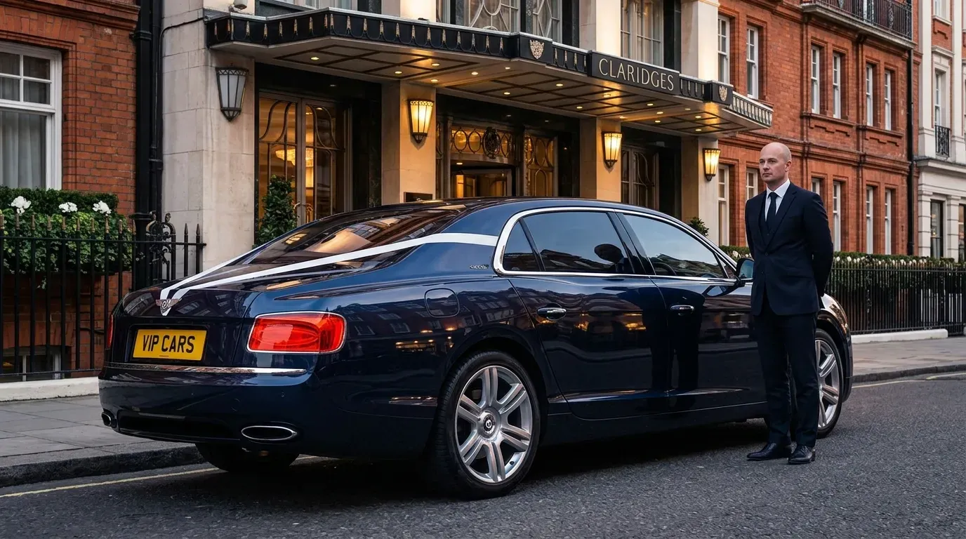 Bentley Flying Spur chauffeur hire for wedding car outside Claridge's Hotel London