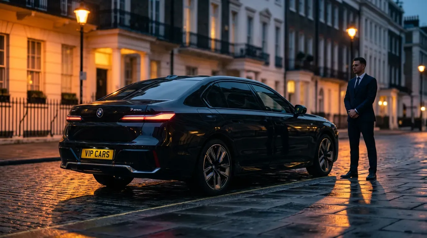 Chauffeur-driven BMW 7 Series hire for a day in London, Mayfair street at twilight