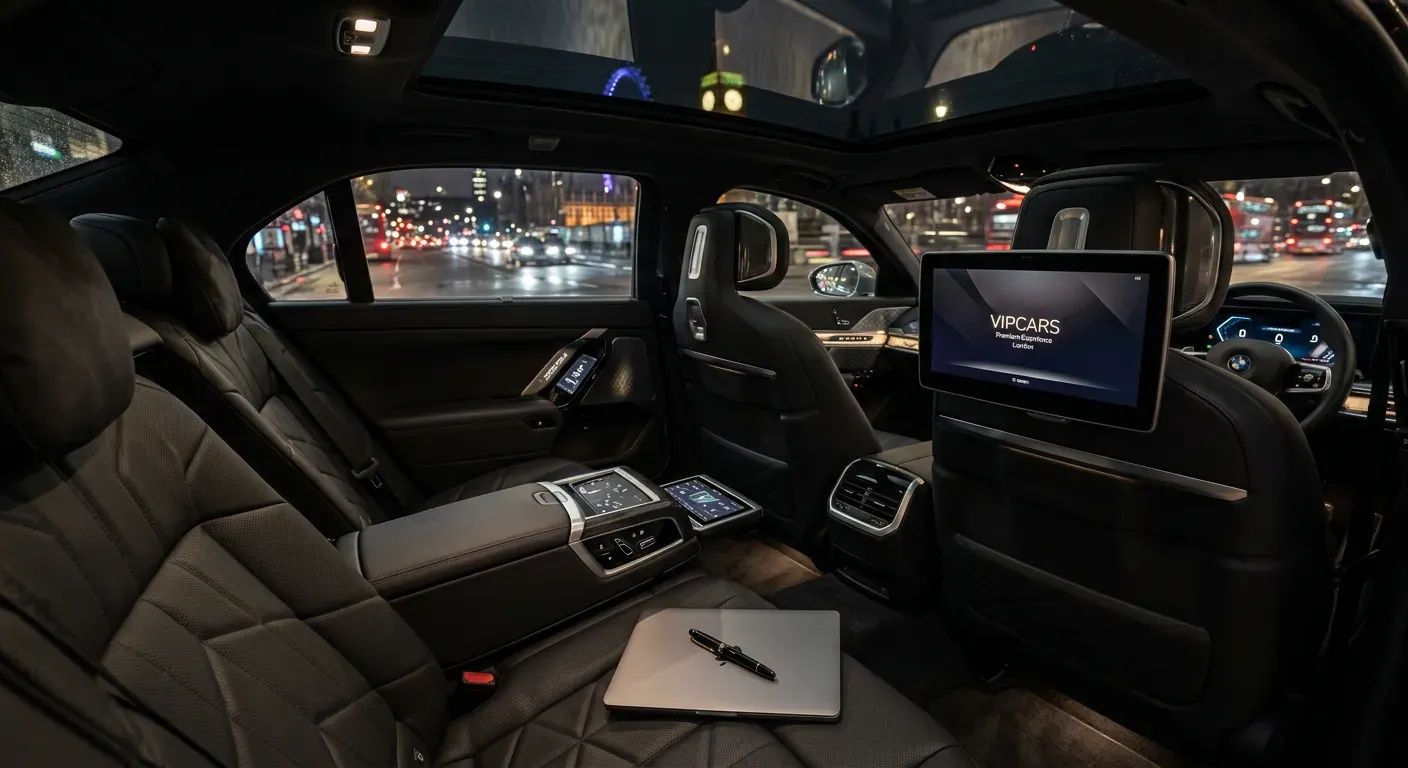 BMW Hire for a Day in London: The Executive's Guide to Chauffeur-Driven Perfection 3 VIPCARS Chauffeurs Luxury BMW 7 Series executive rear cabin for full day hire in London