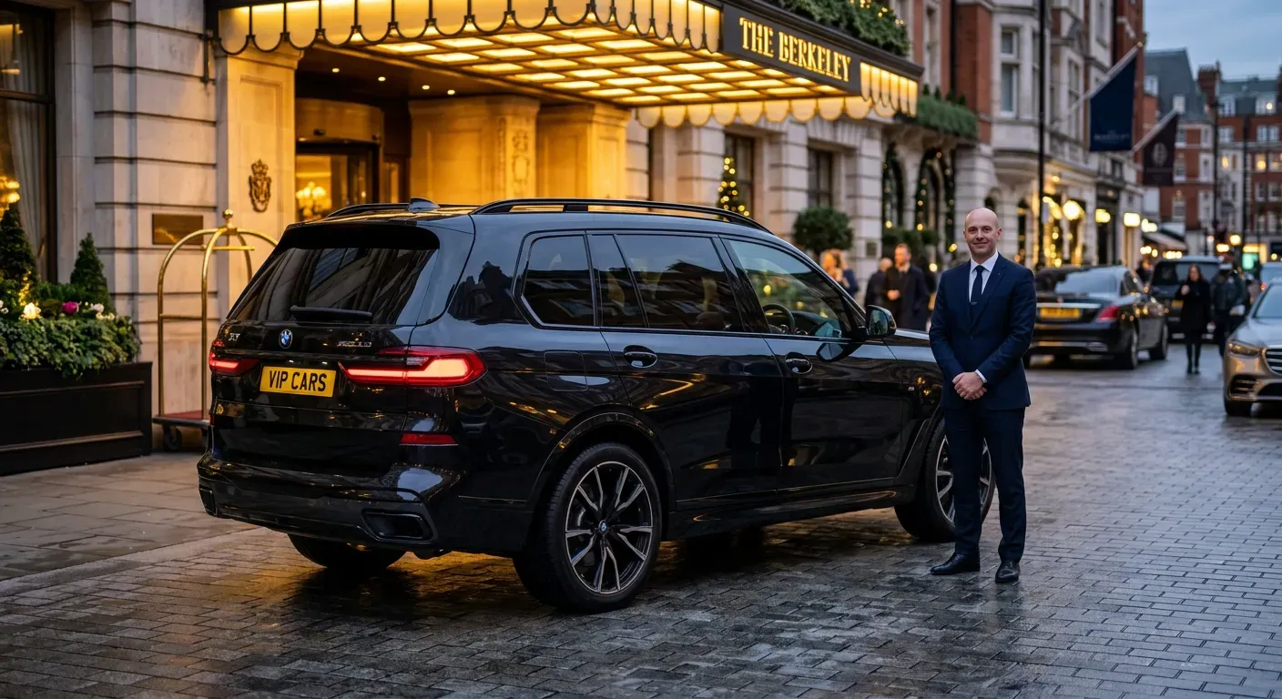 BMW Hire for a Day in London: The Executive's Guide to Chauffeur-Driven Perfection 4 VIPCARS Chauffeurs BMW X7 chauffeur-driven group hire outside luxury hotel in Knightsbridge London