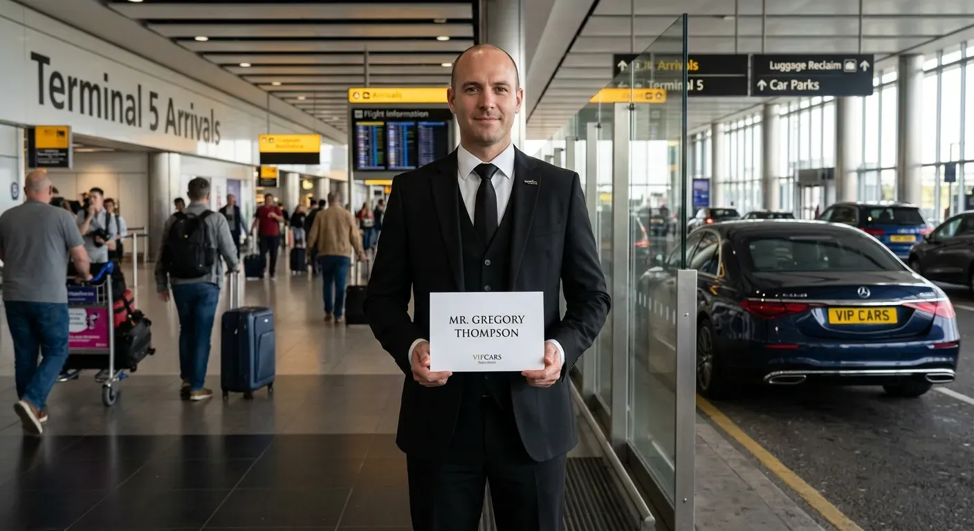 Hourly Chauffeur London Fashion Week: The Ultimate Guide to LFW Luxury Transportation 4 VIPCARS Chauffeurs Professional chauffeur in uniform holding name board at Heathrow Airport arrivals for London Fashion Week guest