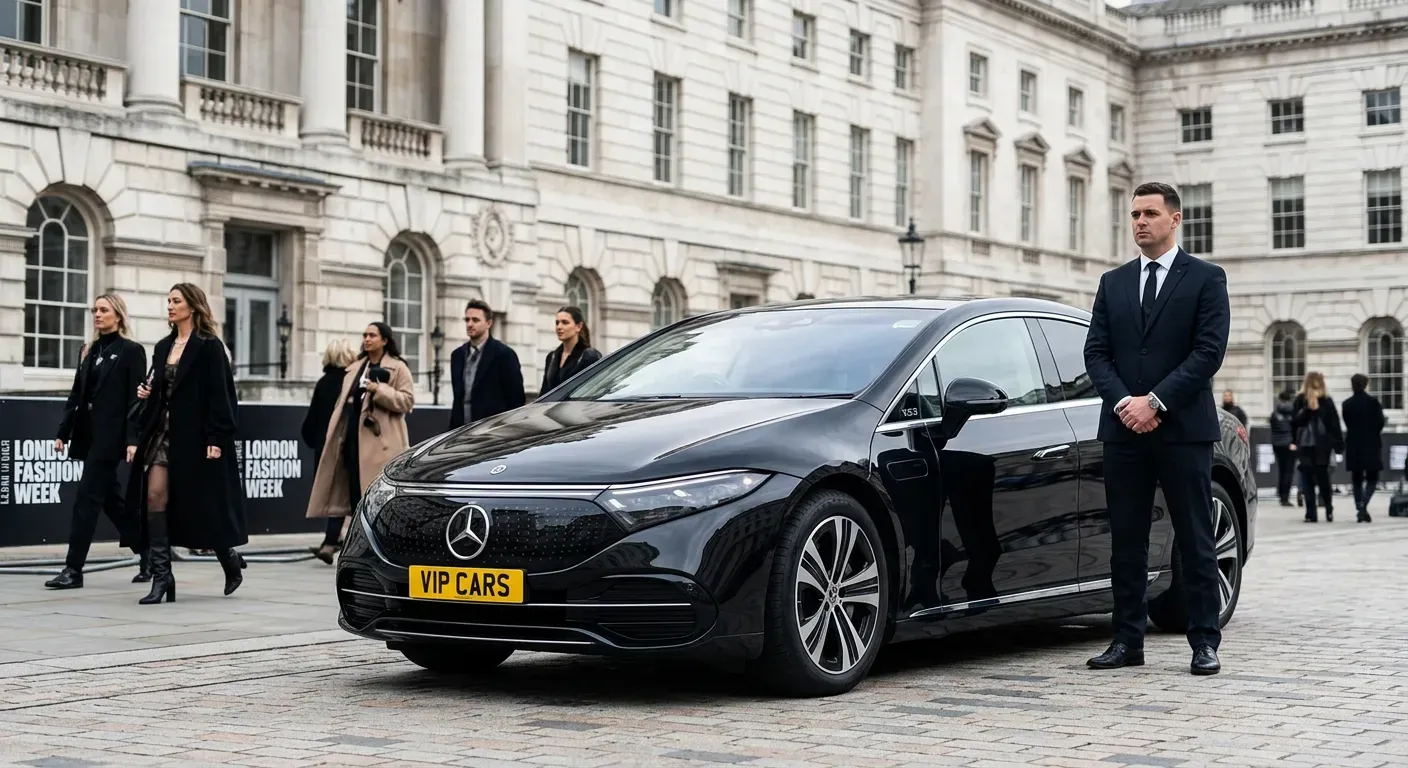Hourly Chauffeur London Fashion Week: The Ultimate Guide to LFW Luxury Transportation 6 VIPCARS Chauffeurs Electric luxury chauffeur vehicle Mercedes EQS parked outside Somerset House during London Fashion Week