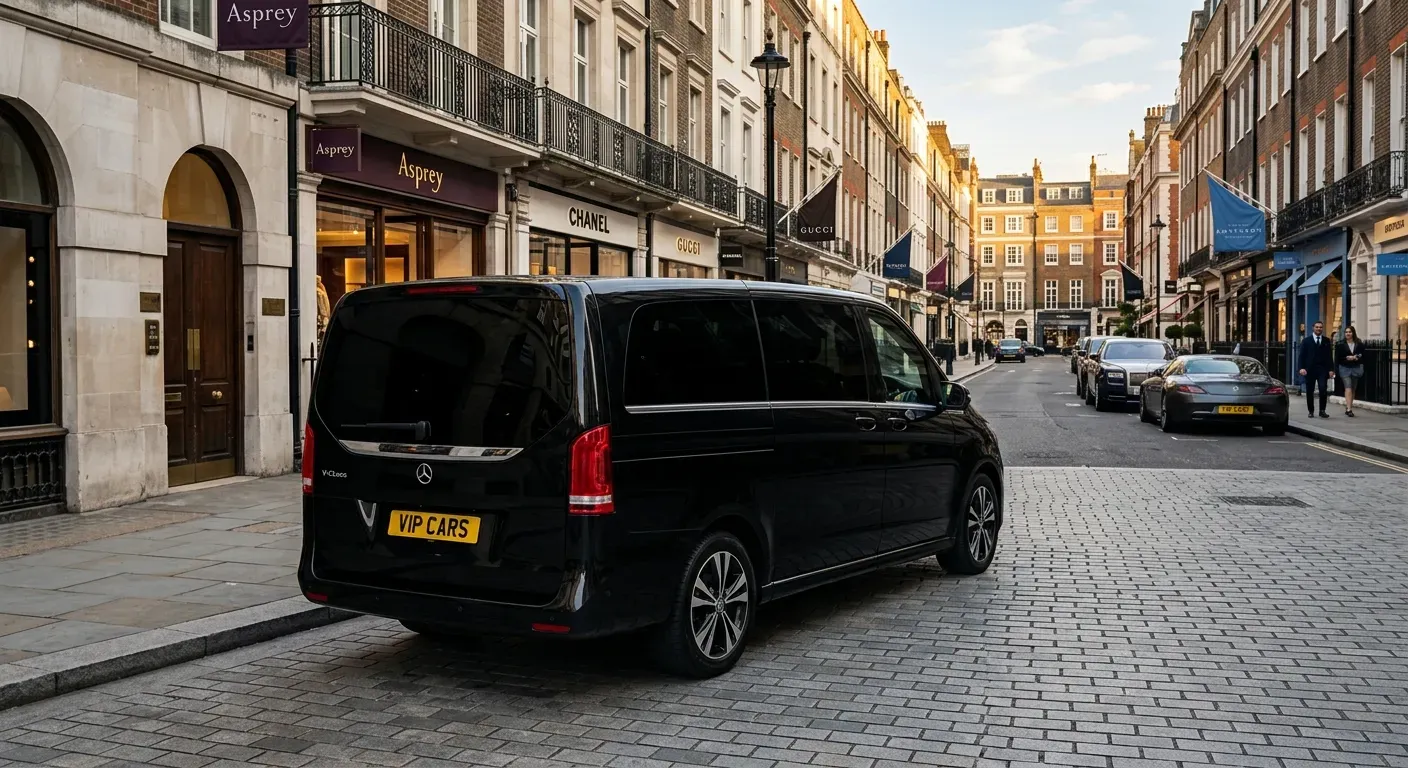 Executive Mercedes V-Class chauffeur vehicle for group shopping transfers in London West End
