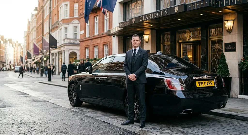 VIP Chauffeur London: The Definitive Guide to Elite Private Transportation in the Capital 1 VIPCARS Chauffeurs Professional VIP chauffeur in tailored suit standing beside a black Rolls-Royce outside Claridge's Hotel London