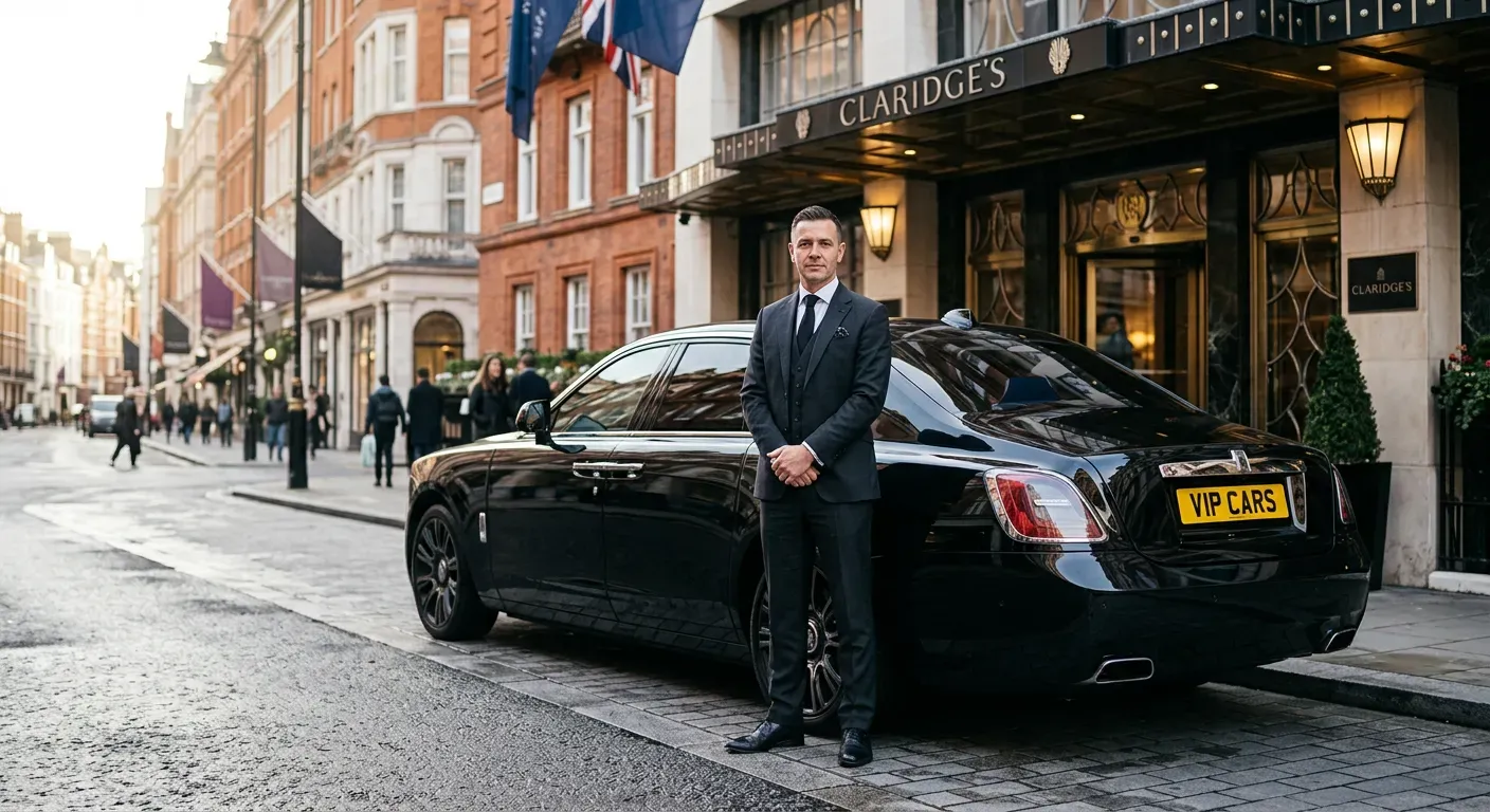 Professional VIP chauffeur in tailored suit standing beside a black Rolls-Royce outside Claridge's Hotel London