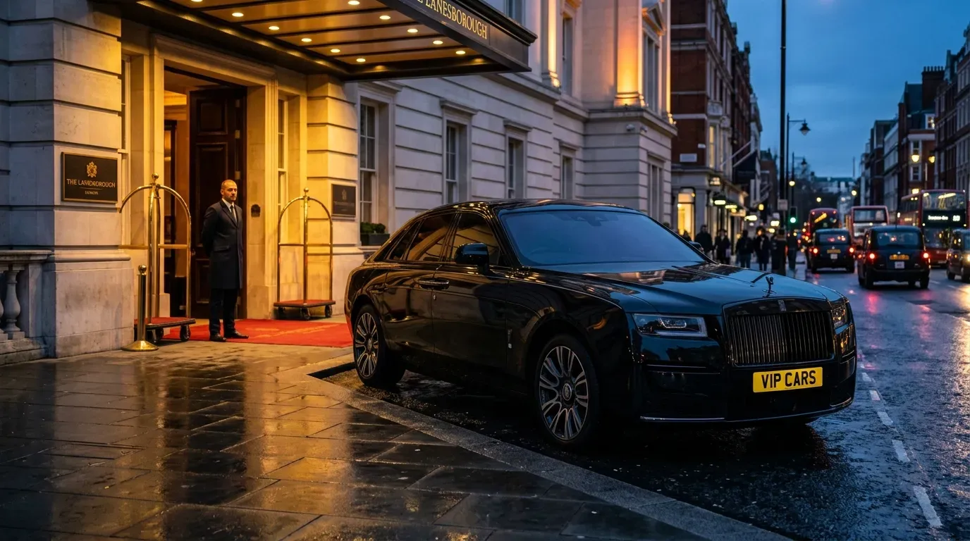 Luxury Car to Airport London: The Executive's Guide to Effortless, First-Class Airport Transfers 1 VIPCARS Chauffeurs Rolls-Royce Ghost luxury chauffeur car parked outside a London hotel for a VIP airport transfer