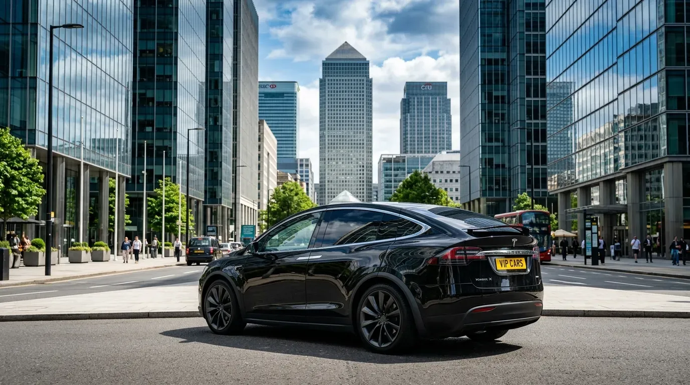 Tesla chauffeur in Canary Wharf — sustainable executive travel for London's financial district