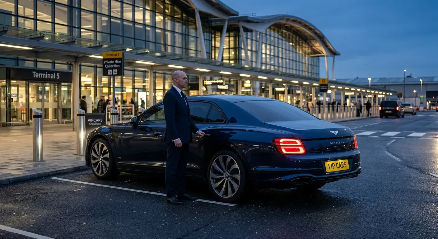 VIP Chauffeur London: The Definitive Guide to Elite Private Transportation in the Capital 1 VIPCARS Chauffeurs VIP airport chauffeur London – Bentley Flying Spur awaiting a private client at Heathrow Airport Terminal 5