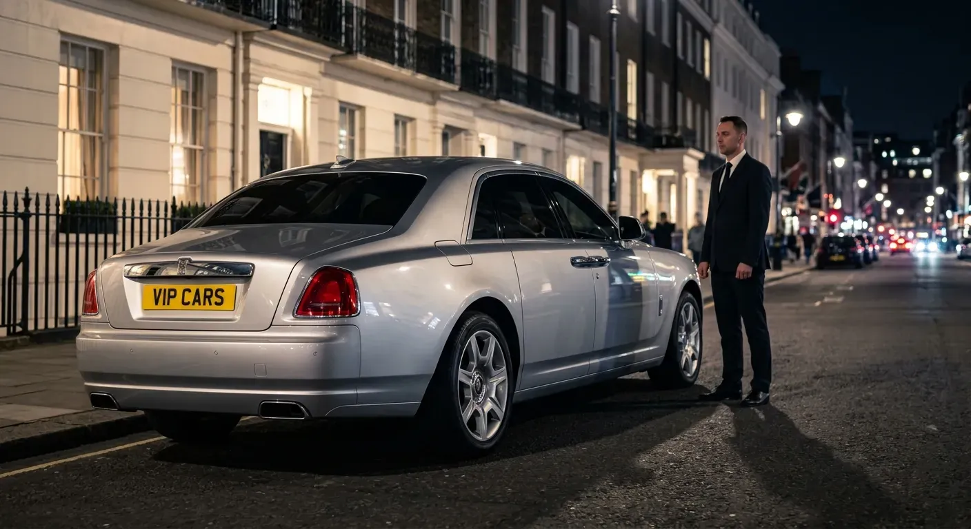 Claridge's Chauffeur Service: London's Most Refined Private Transfer Experience 1 VIPCARS Chauffeurs Rolls-Royce Ghost luxury chauffeur vehicle on Park Lane Mayfair London at night for VIP transfer