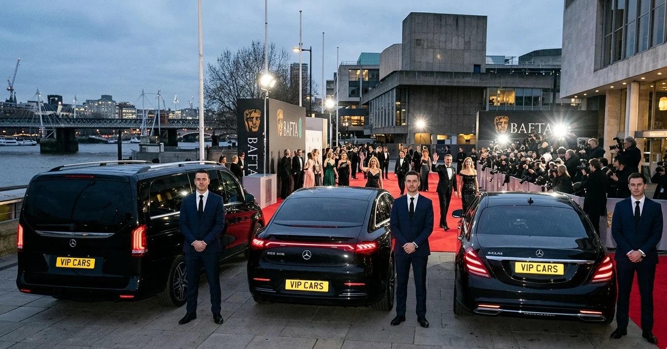 VIPCARS chauffeurs beside a Mercedes-Benz V-Class and two Mercedes-Benz saloons at a red-carpet event on the South Bank, London